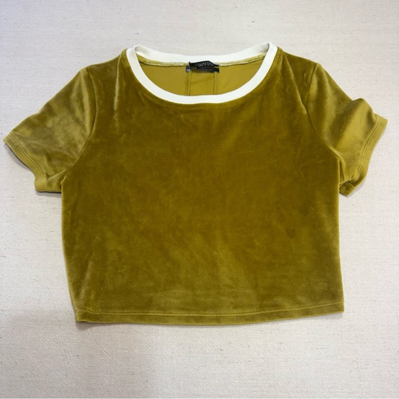 Urban Outfitters Olive Green Velvet Crop Top with White Trim - Size S/P - Picture 6 of 15